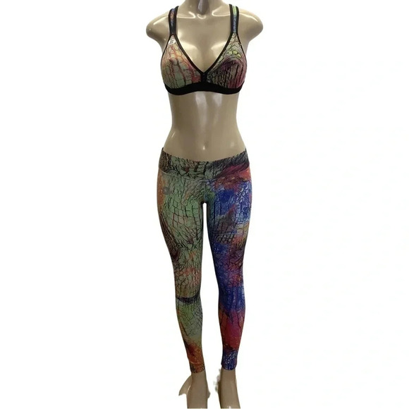 SporttK multi color crop activewear pants & sport bra Made in Colombia Preowned - Picture 1 of 7